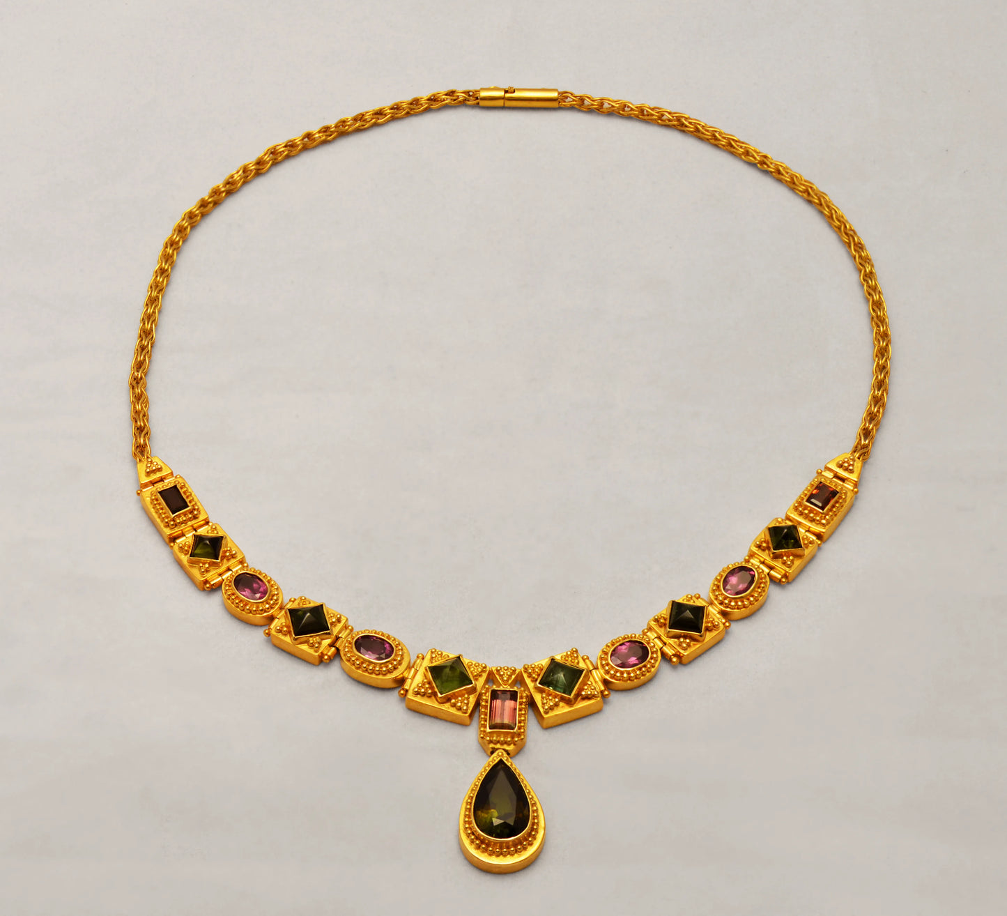 Necklace in 18k Gold with Pine Tree Tourmalines, Melon Tourmalines