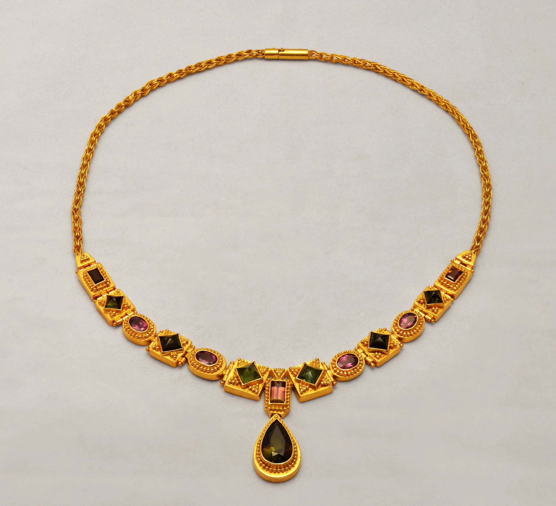 Necklace in 18k Gold with Pine Tree Tourmalines, Melon Tourmalines