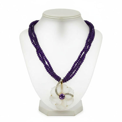 Necklace in 18k gold Rock crystal flower with diamonds and amethyst (PE-14)