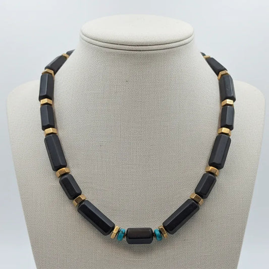 Necklace in 18k gold with Black Obsidian and Turquoise stones