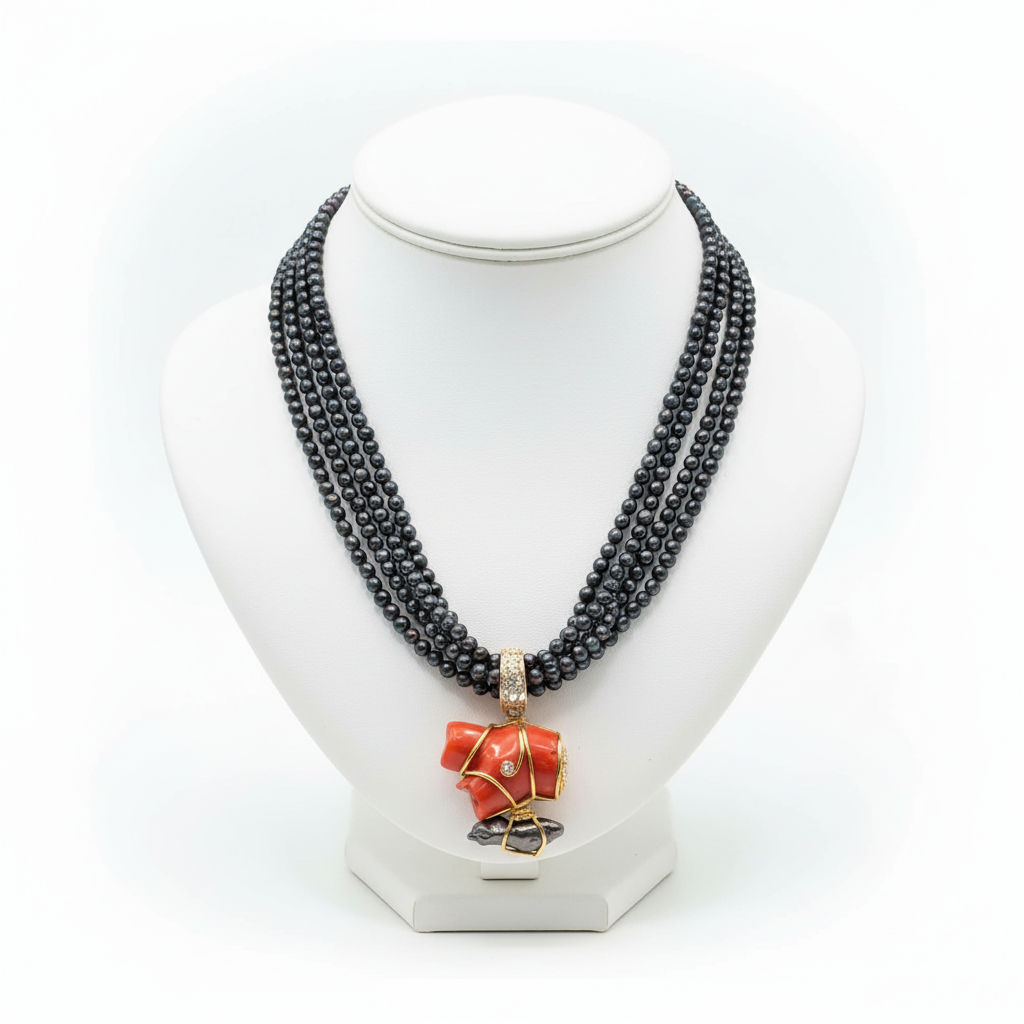 Necklace in Black Tahitian Pearls with sterling silver elements and a Coral Pendant with brilliants and 18k elements