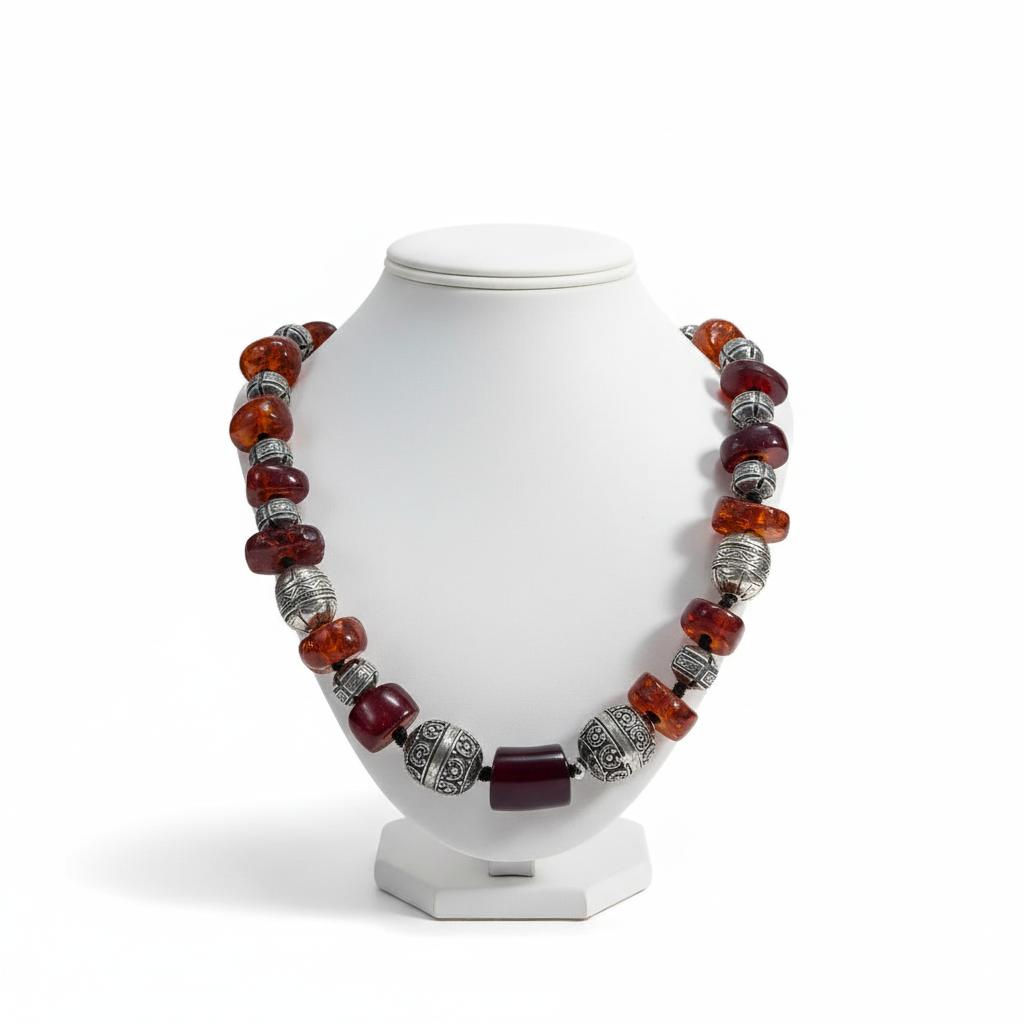 Necklace in Old Amber Kachraman with Sterling silver elements (PE-12)