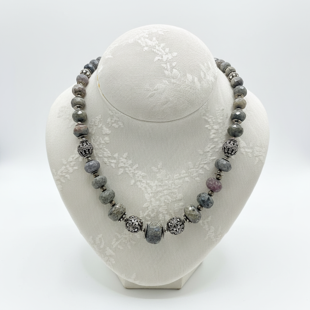 Necklace in Raw Sapphire stones & sterling silver elements (PE-61)