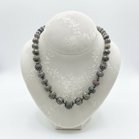 Necklace in Raw Sapphire stones & sterling silver elements (PE-61)