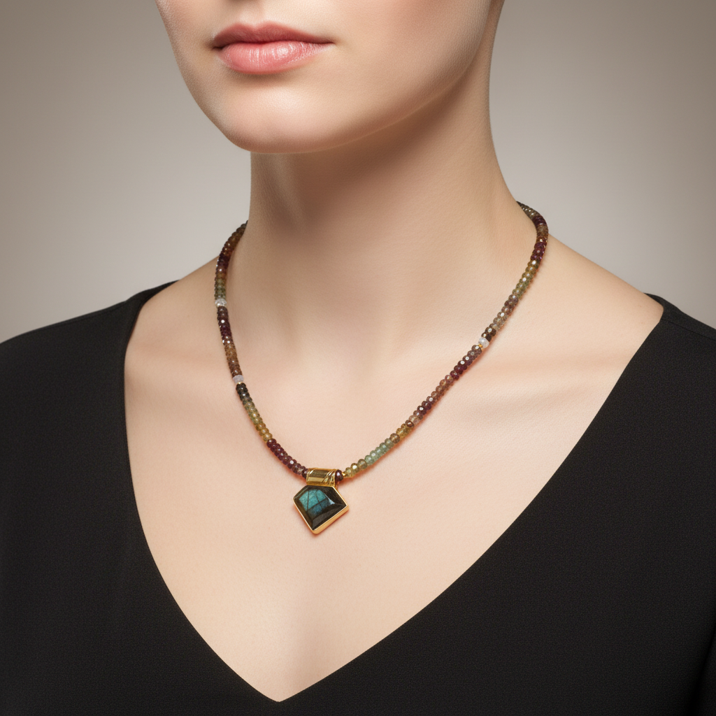Necklace in Sapphire Tundra & Medallion in Labradorite stone & 18k gold - Dinos Virginia Jewelry