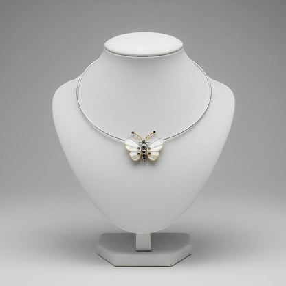 Necklace in handmade gold chain, Butterfly with Mother of Pearl, Black Brilliants and Sapphires (PE-64)