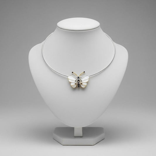 Necklace in handmade gold chain, Butterfly with Mother of Pearl, Black Brilliants and Sapphires (PE-64)