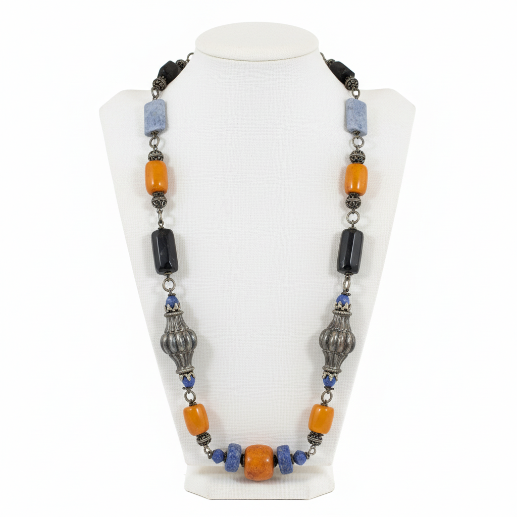 Necklace in sterling silver with Amber, Lapis Lazuli, Onyx (PE-69D)