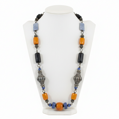 Necklace in sterling silver with Amber, Lapis Lazuli, Onyx (PE-69D)