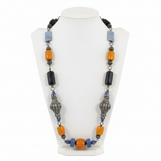 Necklace in sterling silver with Amber, Lapis Lazuli, Onyx (PE-69D)