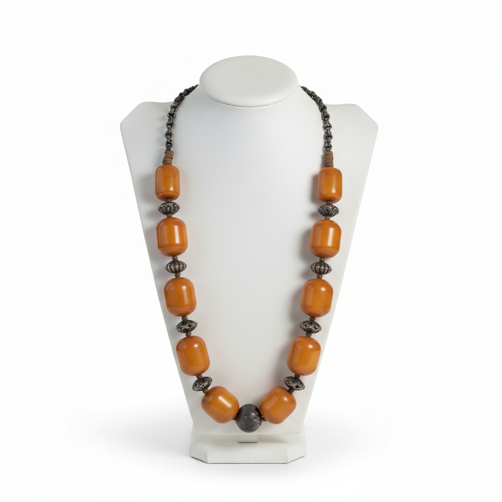 Necklace in sterling silver with old amber (PE-69E)
