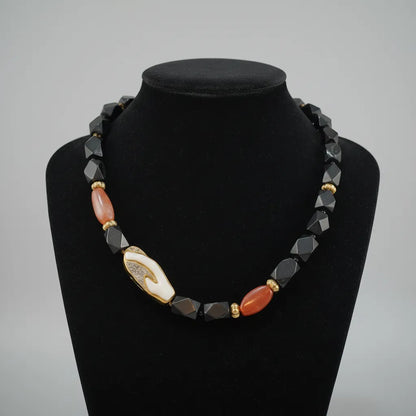 Necklace with Black Obsidian, Carnelian, Coral with Diamonds and 18k gold elements