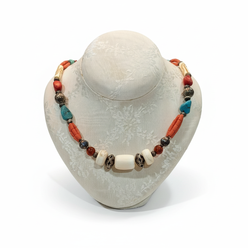 Necklace with Bone Stones amber corals turquoise stones and sterling silver (PE-70A)