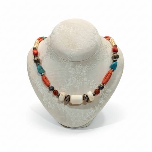 Necklace with Bone Stones amber corals turquoise stones and sterling silver (PE-70A)