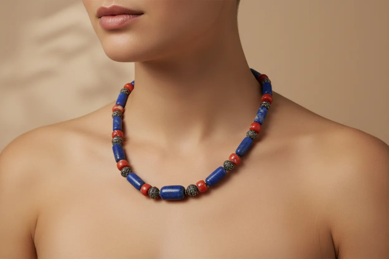 Necklace with Lapis Lazuli & Red Coral and sterling silver elements
