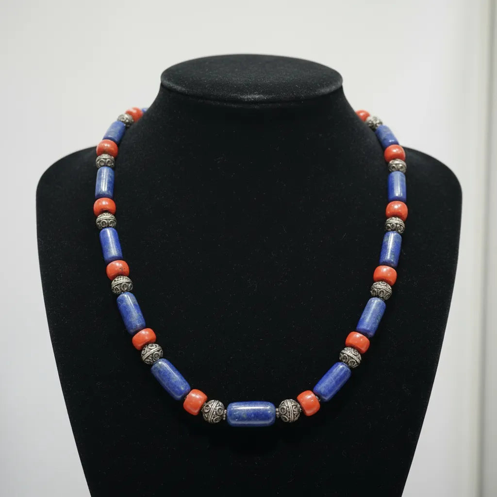 Necklace with Lapis Lazuli & Red Coral and sterling silver elements