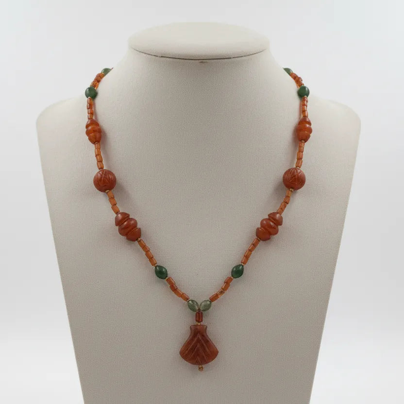 Necklace with Old Carnelian, Benzahir and gold 18k elements