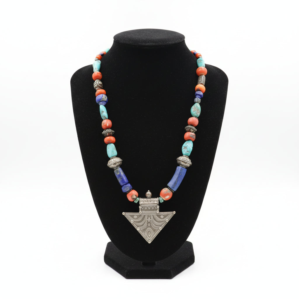 Necklace with Old Lapis Lazuli, Turquoise & Carnelian stone, with sterling silver elements - Dinos-Virginia