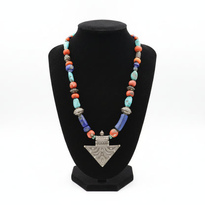 Necklace with Old Lapis Lazuli, Turquoise & Carnelian stone, with sterling silver elements - Dinos-Virginia