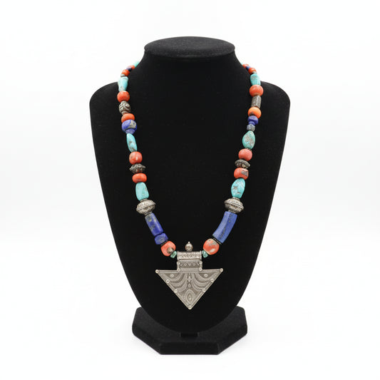 Necklace with Old Lapis Lazuli, Turquoise & Carnelian stone, with sterling silver elements - Dinos-Virginia