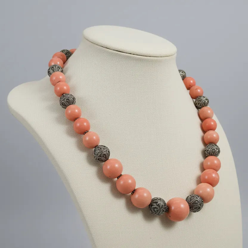 Necklace with Pink Coral Stones (Angel Skin) and Silver Elements