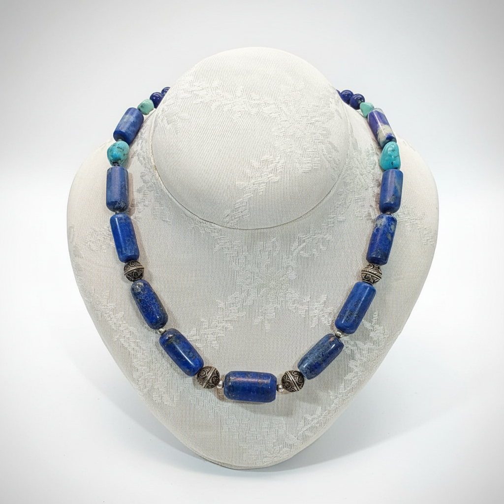 Necklace with old Lapis Lazuli & old Turquoise and sterling silver elements (PE-70B)