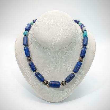 Necklace with old Lapis Lazuli & old Turquoise and sterling silver elements (PE-70B)