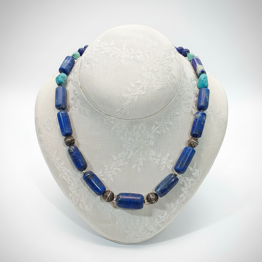 Necklace with old Lapis Lazuli & old Turquoise and sterling silver elements (PE-70B)