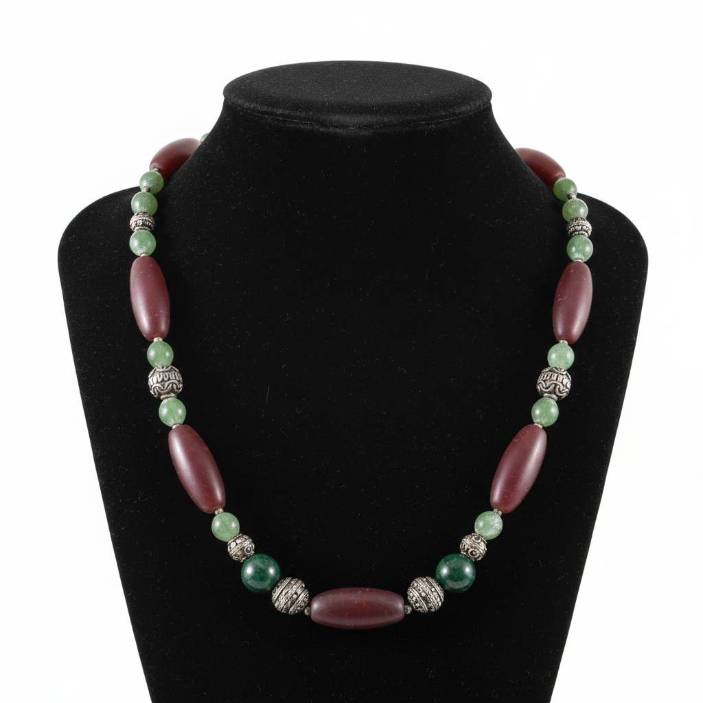 Necklace with old carnelian, green Benzhahr & sterling silver elements - Dinos Virginia Jewelry