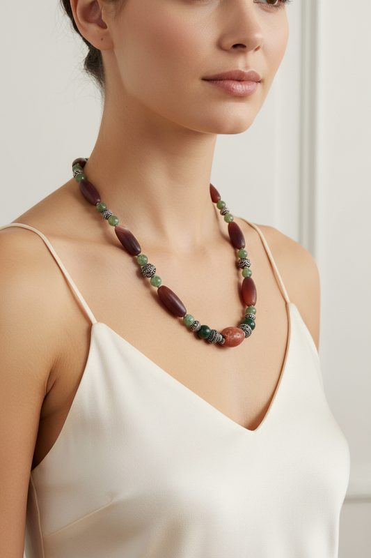 Necklace with old carnelian, green Benzhahr & sterling silver elements (PE-14)