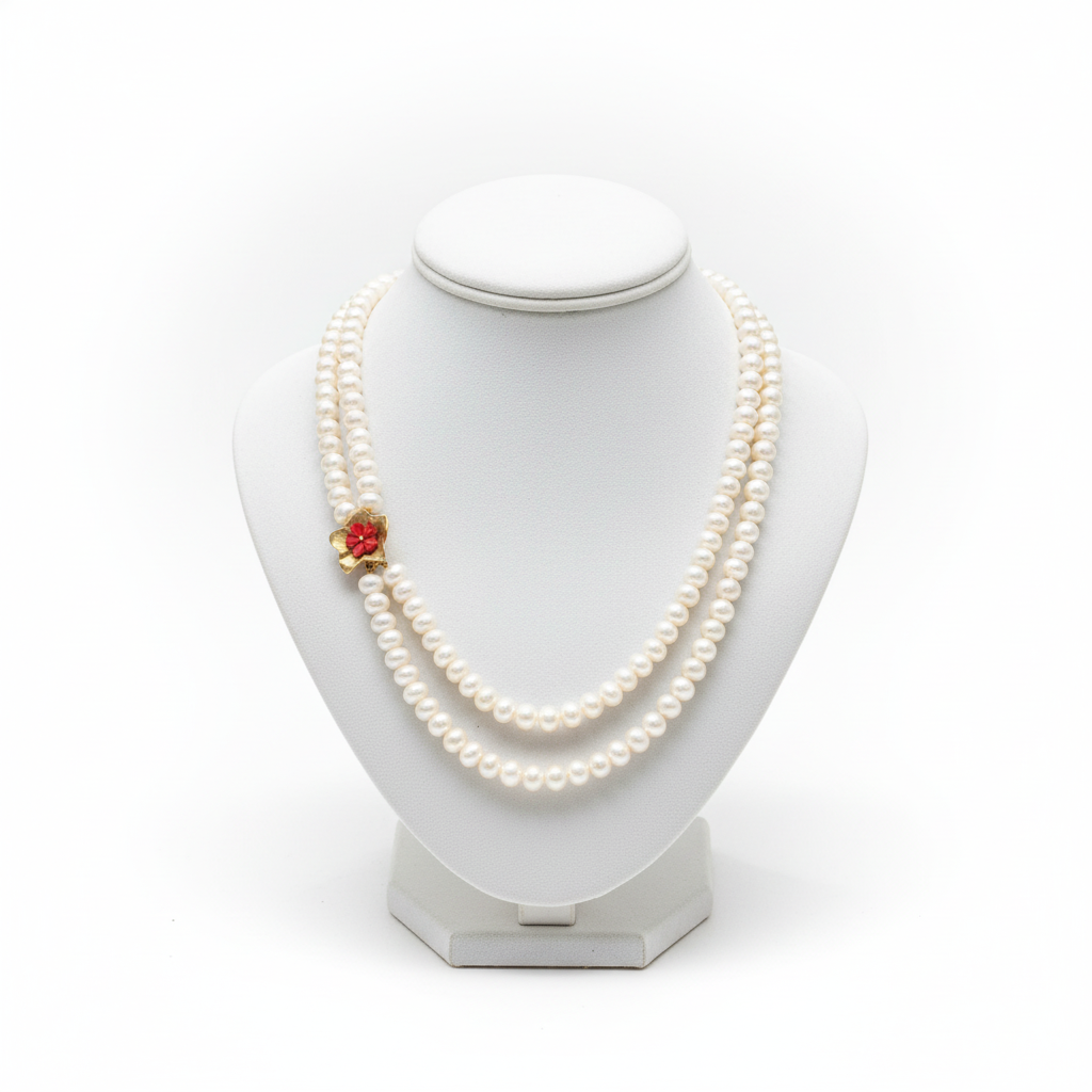 Necklace with two row pearls and 14k gold element, flower design element (PE-83)