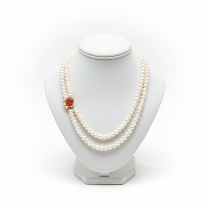 Necklace with two row pearls and 14k gold element, flower design element (PE-83)