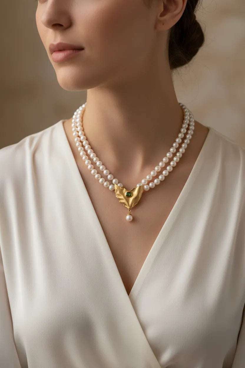 Necklace with two rows pearls and 18k gold elements