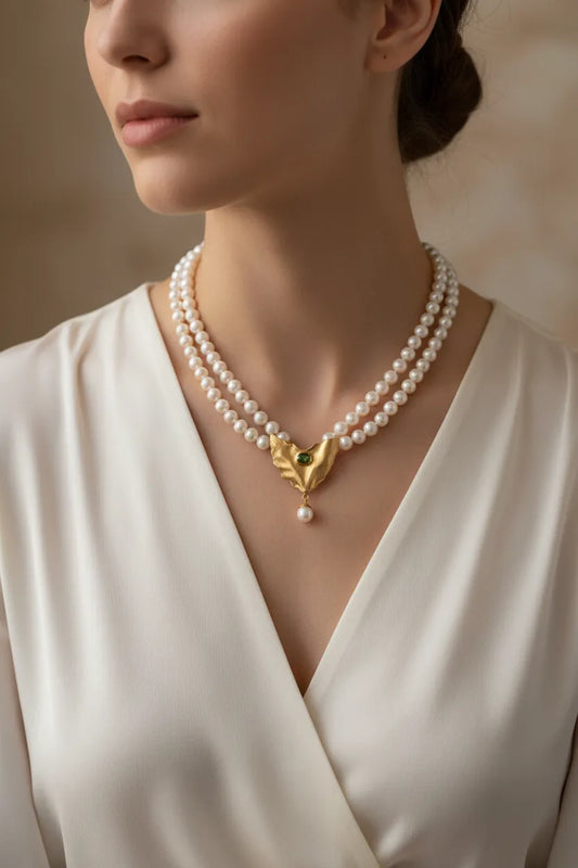 Necklace with two rows pearls and 18k gold elements
