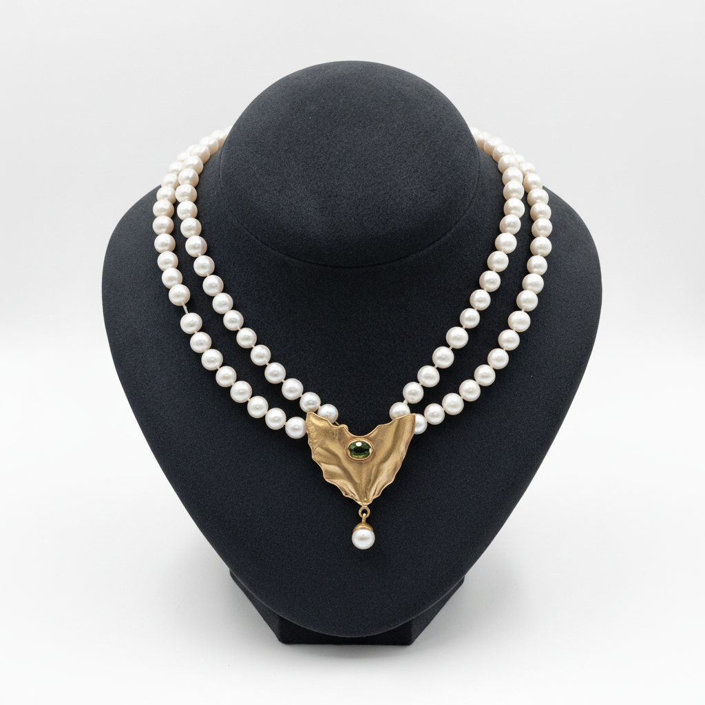Necklace with two rows pearls and 18k gold elements (PE-93)