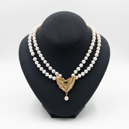 Necklace with two rows pearls and 18k gold elements (PE-93)
