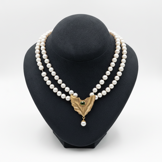 Necklace with two rows pearls and 18k gold elements (PE-93)