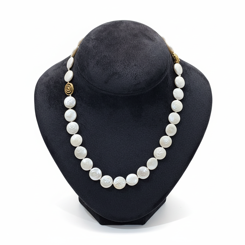 Necklace with white Keisi pearls and 18k gold elements (PE-94)