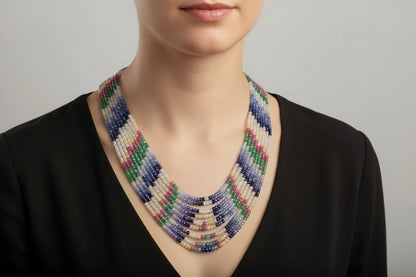 Necklaces in Pink Sapphire, Rubies, Emeralds gemstones & 18k gold elements