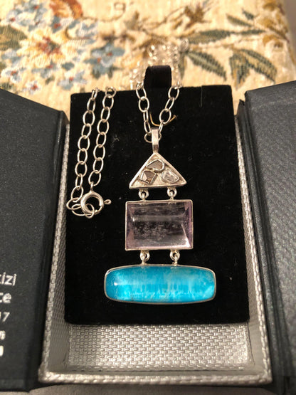 Pendant in Sterling silver with Kunzite and Turquoise stones, Raw Crystal Diamond