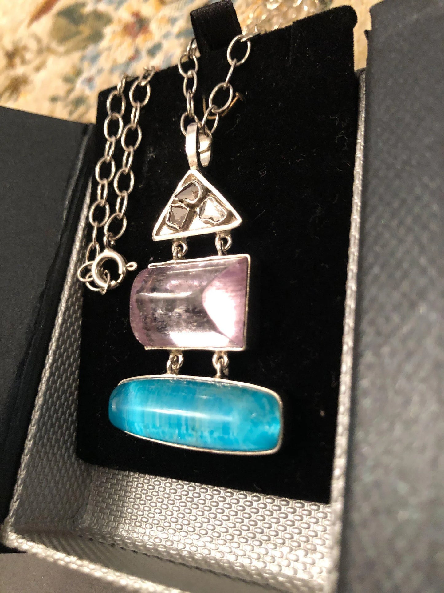 Pendant in Sterling silver with Kunzite and Turquoise stones, Raw Crystal Diamond