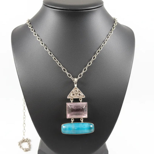 Pendant in Sterling silver with Kunzite and Turquoise stones, Raw Crystal Diamond