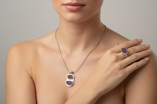 Pendant in sterling silver with Raw Purple Diopside and old chain