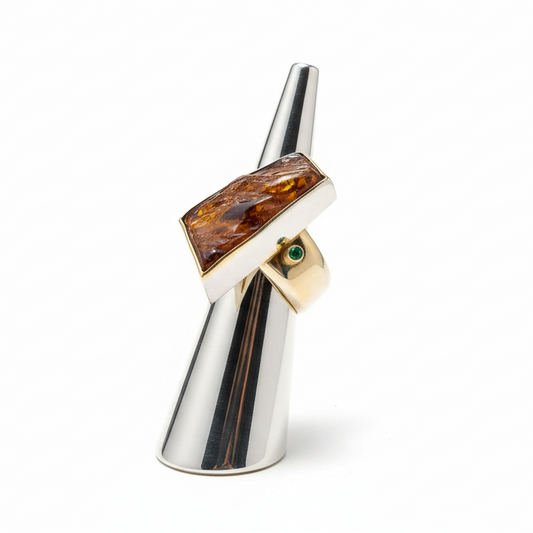 Raw Baltic Amber Ring with ruby and emerald in sterling silver and 18 k. gold, modern  Ring,  Handmade Ring, Greek Jewelry (B-100)
