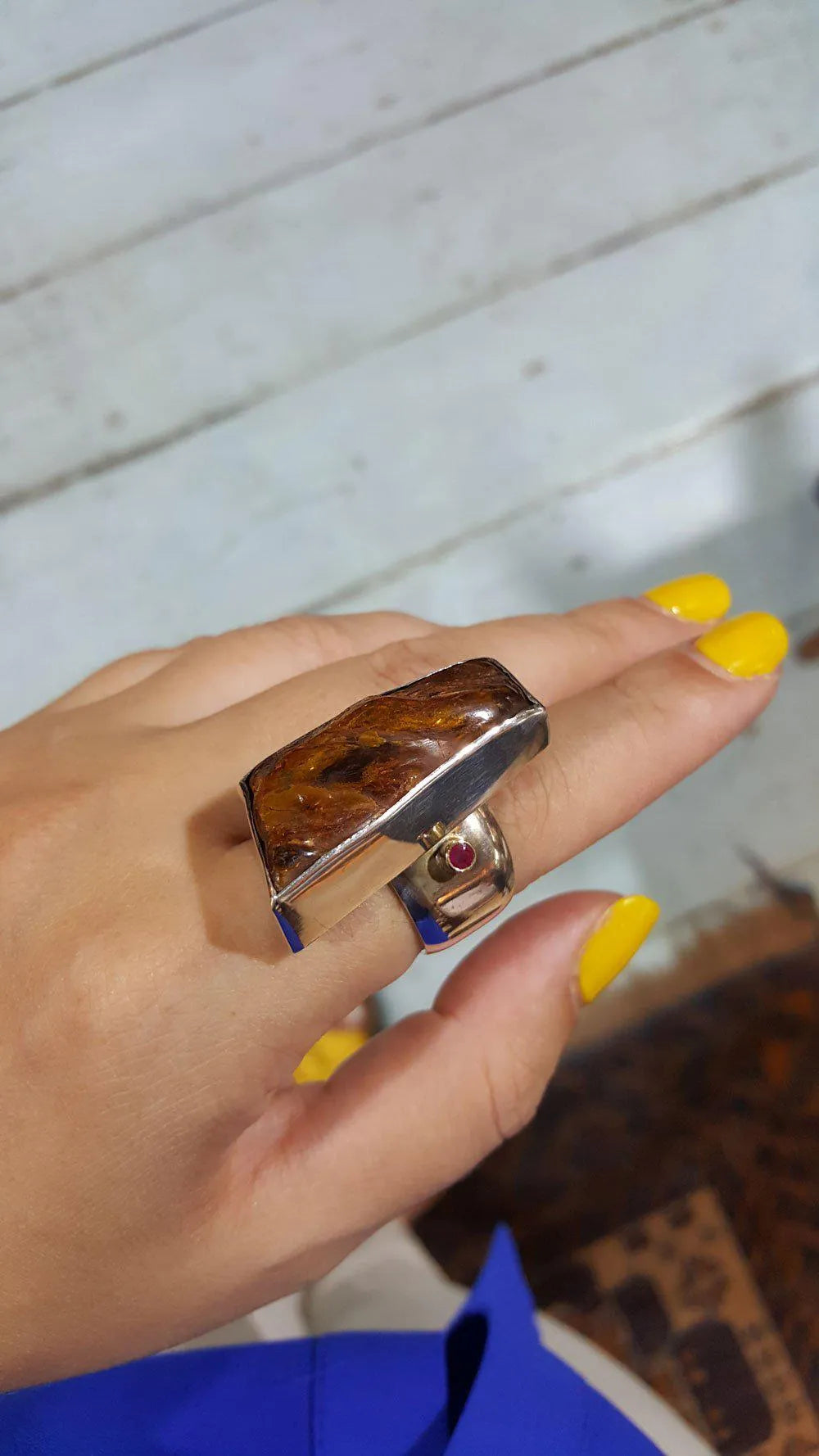 Raw Baltic Amber Ring with ruby and emerald in sterling silver and 18 k. gold, modern  Ring,  Handmade Ring, Greek Jewelry - Dinos-Virginia