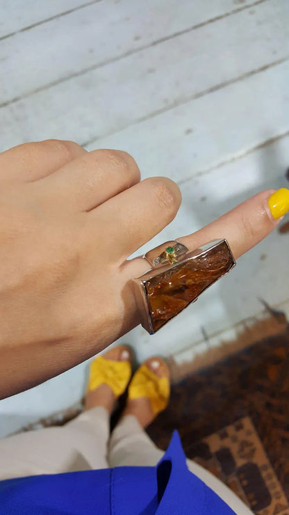 Raw Baltic Amber Ring with ruby and emerald in sterling silver and 18 k. gold, modern  Ring,  Handmade Ring, Greek Jewelry - Dinos-Virginia