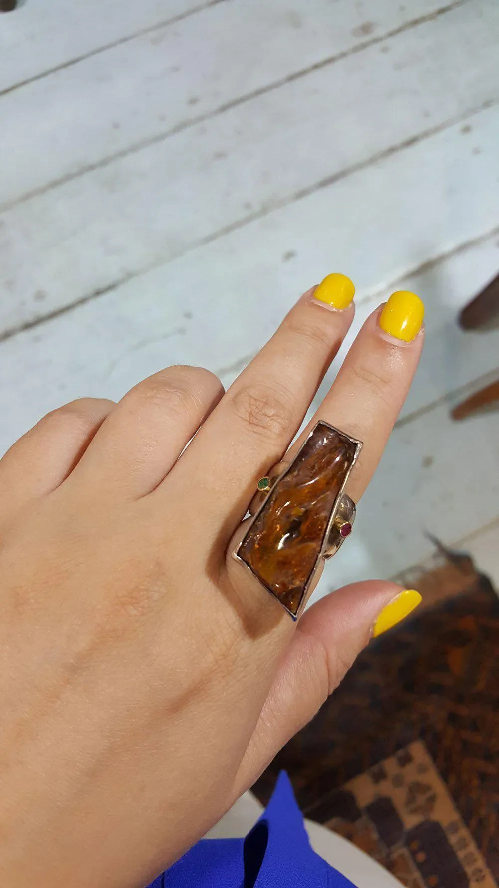 Raw Baltic Amber Ring with ruby and emerald in sterling silver and 18 k. gold, modern  Ring,  Handmade Ring, Greek Jewelry - Dinos-Virginia
