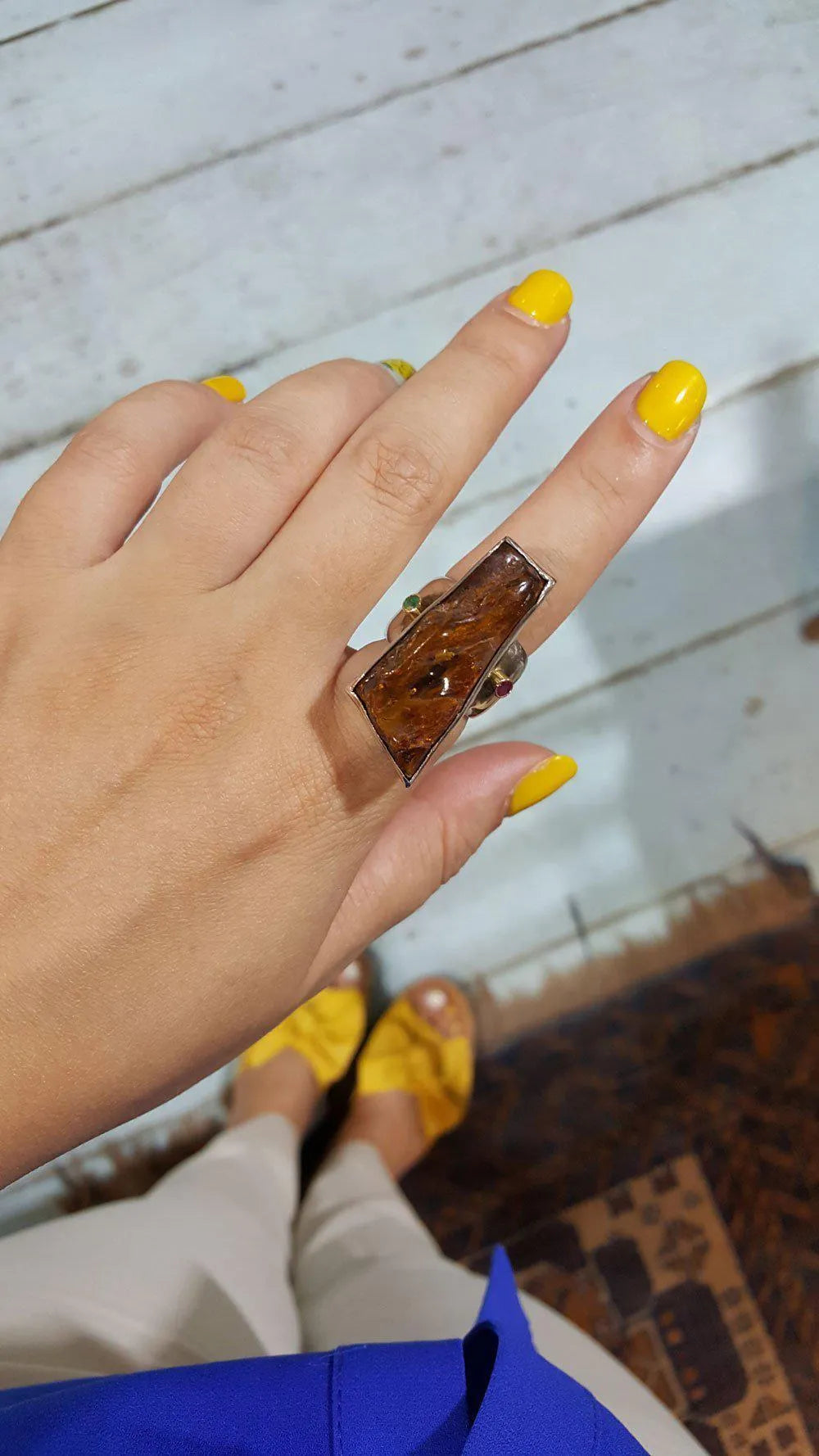 Raw Baltic Amber Ring with ruby and emerald in sterling silver and 18 k. gold, modern  Ring,  Handmade Ring, Greek Jewelry - Dinos-Virginia