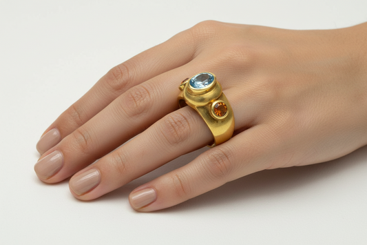 Ring in 14k Gold with bleu topaz and citrine (B-32)
