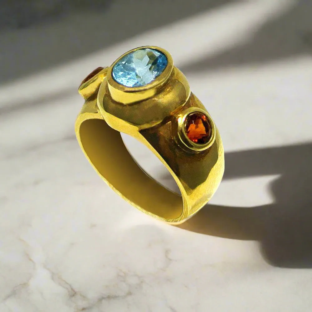 Ring in 14k Gold with bleu topaz and citrine (B-32) - Dinos-Virginia